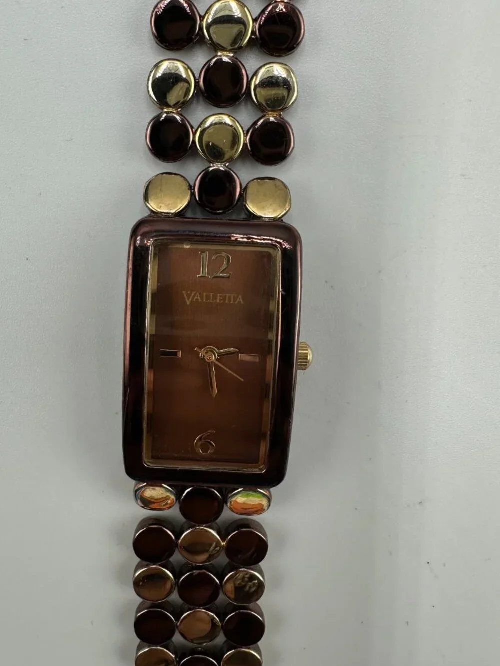 3/$30 Valletta Watch Women Gold Brown Two Tone Circle Link Band Rectangle